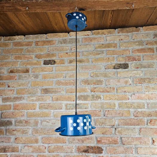 Up-cycled Vintage Enamel Blue Polka Dot Pan Pendant Light Up-cycled Vintage Enamel Blue Polka Dot Pan Pendant Light