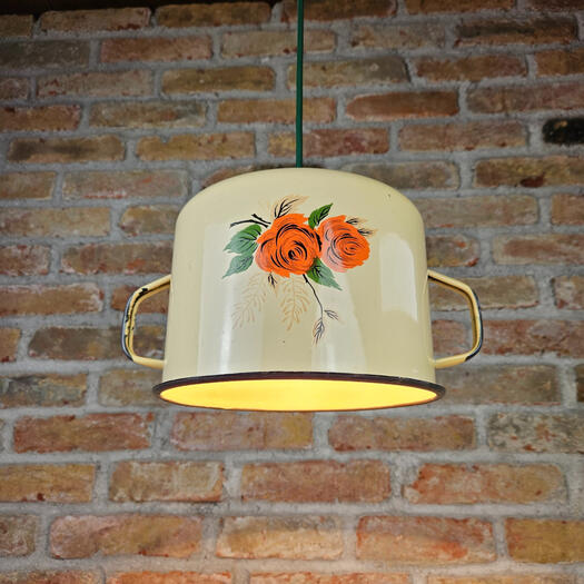 Up Cycled Enamel Pendant | Vintage Rose Floral Pattern Repurposed Pan Light
